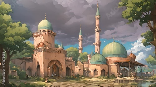 Green domed mosque with cloudy sky and drizzle, anime style photo