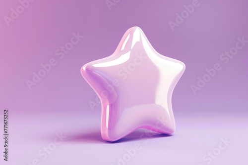 A pink star is sitting on a purple background. The star is shiny and has a reflective surface