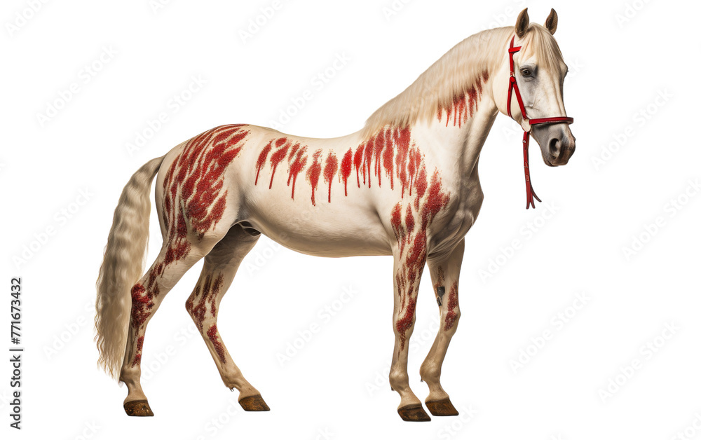 A majestic white horse covered in blood, standing proudly amidst a scene of mystery and intrigue