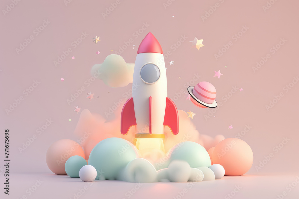 A rocket is launching into space with a planet and stars in the background. The scene is colorful and playful, with a sense of wonder and excitement A rocket is launching into space with a planet and stars in the background. The scene is colorful and playful, with a sense of wonder and excitement