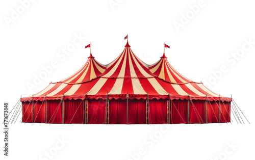 A striking red and white striped circus tent stands out against a white background
