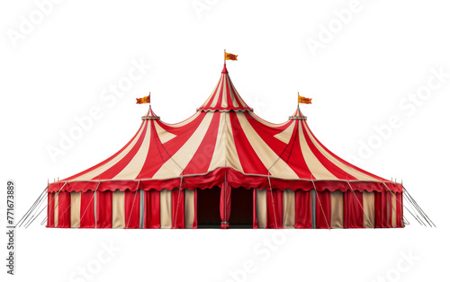 A vibrant red and white circus tent stands proudly with a flag waving on top