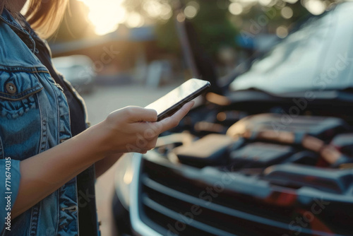 A woman reaching out to car mechanic service via mobile phone while experiencing a breakdown en route to her destination. This concept emphasizes car maintenance and transportation