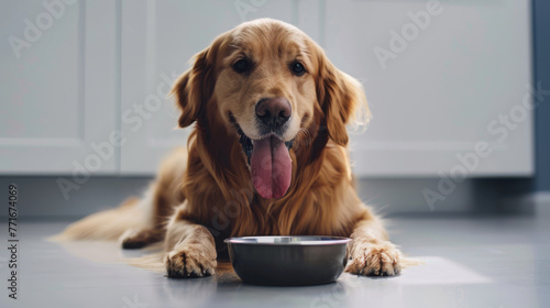 A smiling golden retriever lies with its paws stretched out in front of a food bowl.