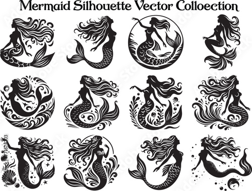 Mermaid Silhouette Vector Illustration set