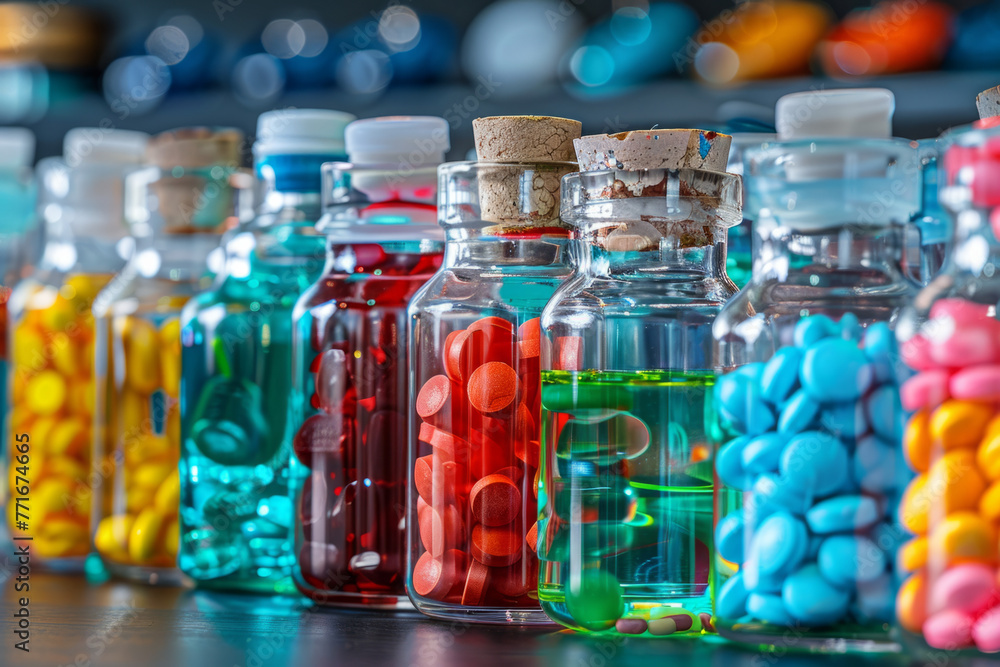 Glass bottles containing colorful medicine, liquid potions, and candy in jars, representing medical dosage - obrazy, fototapety, plakaty 