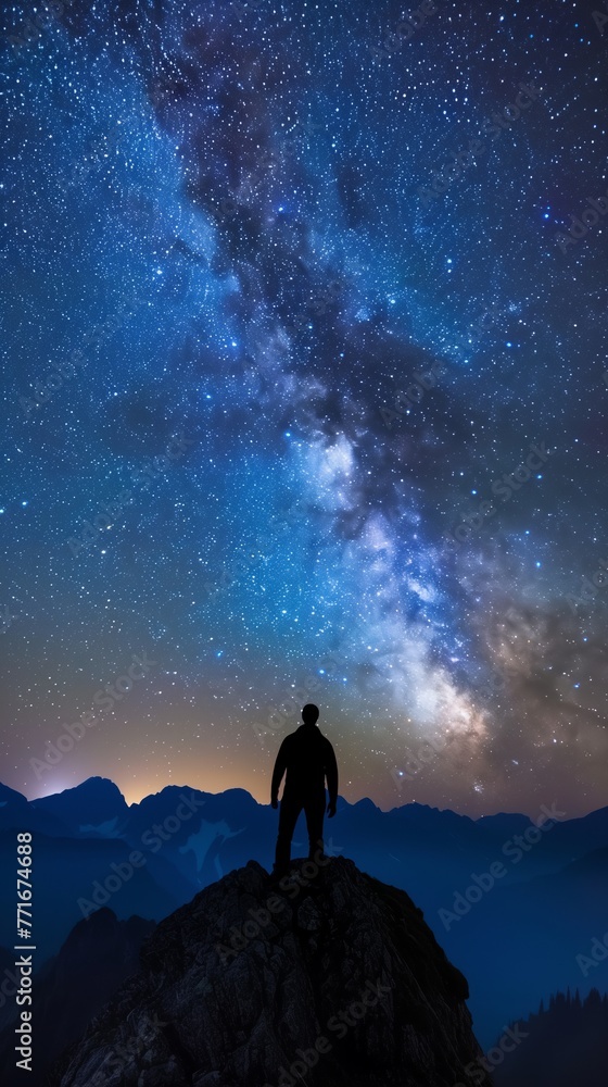 Man standing on the mountain at night with starry sky and Milky Way