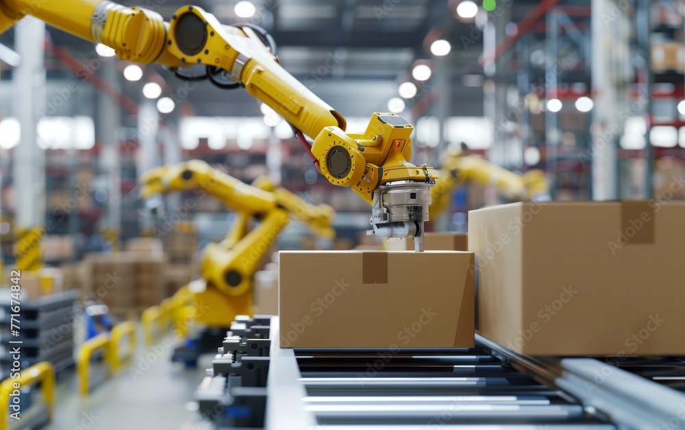 Precise robotic arms packing cardboard boxes on a conveyor system in a warehouse, reflecting the integration of automation in shipping operations. Precise robotic arms packing cardboard boxes on a conveyor system in a warehouse, reflecting the integration of automation in shipping operations.