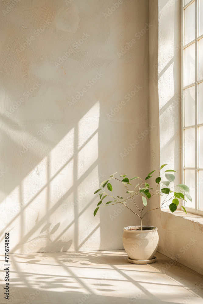 A serene interior background with soft cream white walls and a potted plant, with sunlight streaming through windows