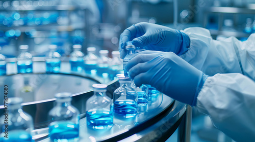 close up of Scientist hands Filling Vials with Blue medication Solution in a High-Tech Laboratory