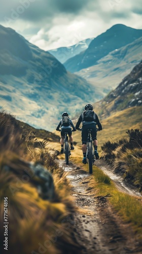 Mountain Bikers Riding in the Highlands. Active Lifestyle concept © hardqor4ik