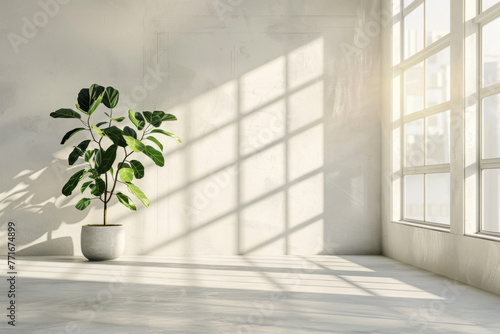 A serene interior background with soft cream white walls and a potted plant  with sunlight streaming through windows