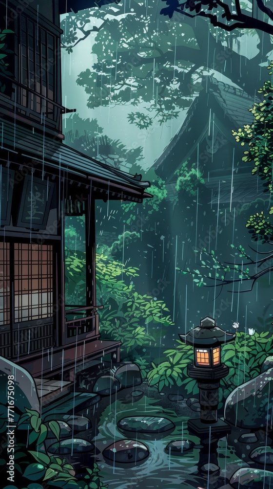 Anime-style illustration of a Japanese home exterior with lush foliage on a rainy summer day