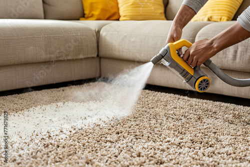 unrecognizable person Applying Carpet Cleaning Powder Before Vacuuming for Deep Clean and Freshness in living room