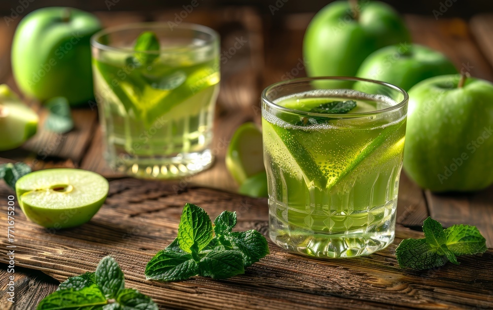 Artistic presentation of an apple and mint infusion, showcasing a balance of aesthetics and health benefits in a serene setting. Artistic presentation of an apple and mint infusion, showcasing a balance of aesthetics and health benefits in a serene setting.