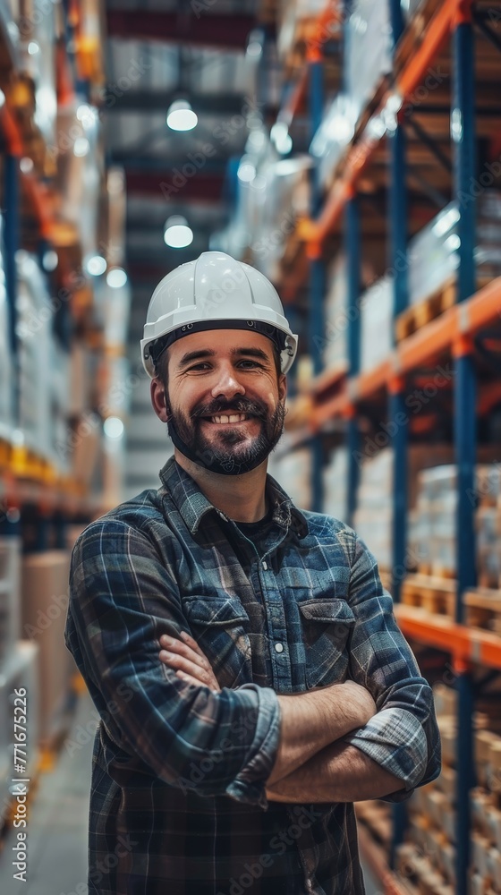 A warehouse manager in casual work attire and a safety helmet smiling confidently in a modern storage facility.