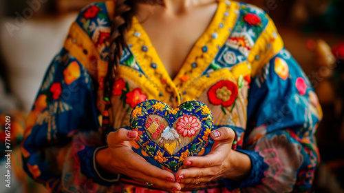 woman holding heart of ukraine flag in hands. selective focus. .