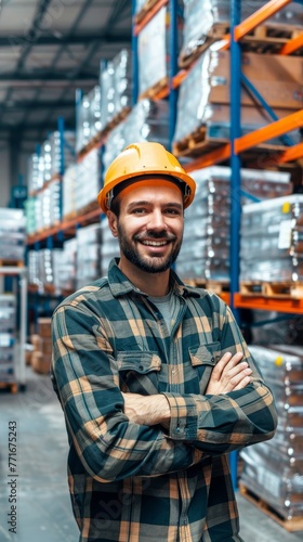 A warehouse manager in casual work attire and a safety helmet smiling confidently in a modern storage facility.