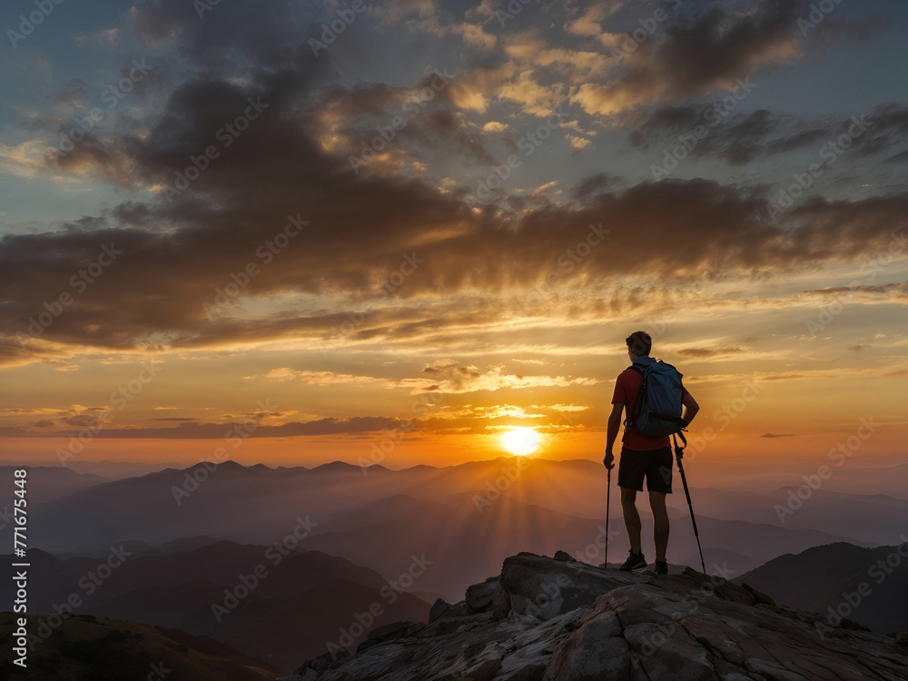 Embracing dawn: a solo adventurer welcomes the sunrise from mountain's peak