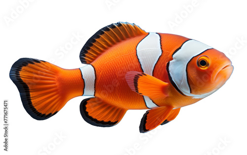 An orange and white clown fish gracefully swims on a white background