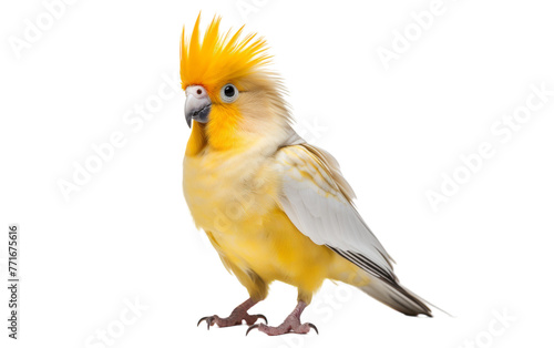 A vibrant yellow and white bird with a striking yellow mohawk perched on a branch