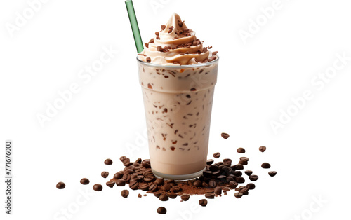 A cup of coffee topped with fluffy whipped cream and sprinkled with chocolate chips