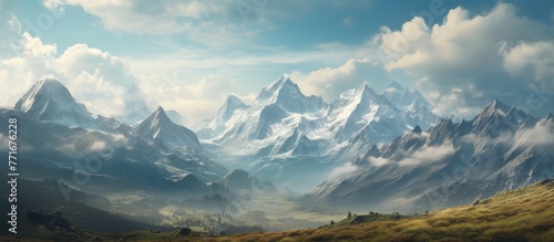 A stunning natural landscape painting depicting a snowy mountain range with fluffy cumulus clouds in the sky, creating a serene atmosphere