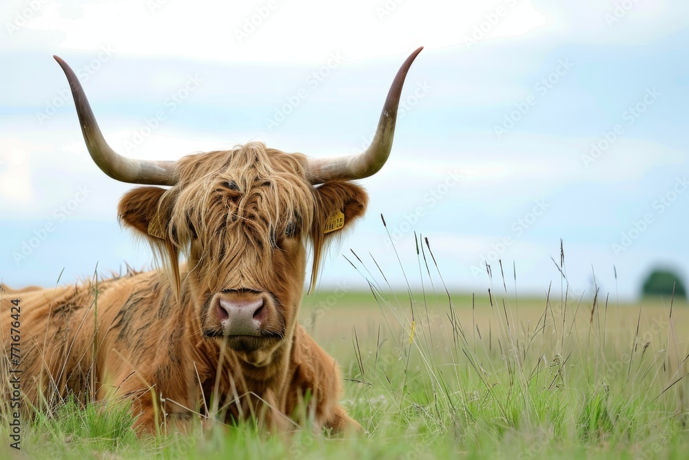 Brown Cow With Long Horns Laying in Field Brown Cow With Long Horns Laying in Field