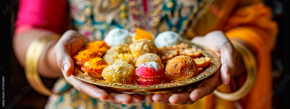 Indian sweets in hands. Selective focus.