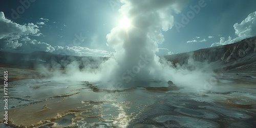 erupting water geyser in the sun rays