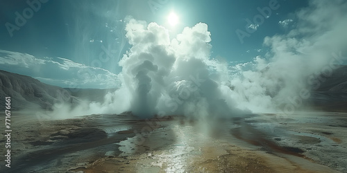erupting water geyser in the sun rays