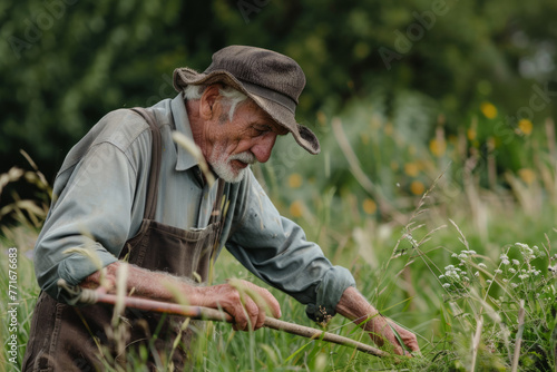 An elderly man using a scythe to mow down grass