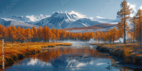 autumn landscape of valley with river and geothermal springs