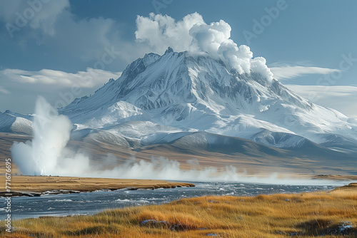 view of an erupting volcano from a valley with river and geysers