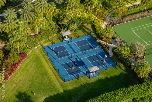 View of pickle ball courts from the roof of a resort in Nassau, Bahamas.