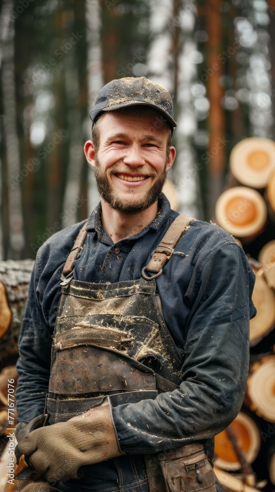 Male lumberjack woodcutter with a saw in his hands against the background of a cut tree