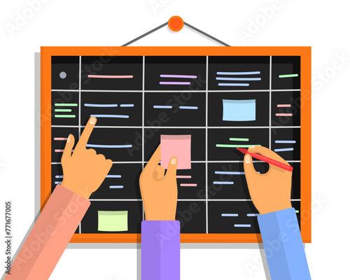 Team people hands sticking work business plan schedule and memo notes on chalkboard. Agile project plan. Scrum task board concept with human hands holding colorful sticky papers and markers. Vector.