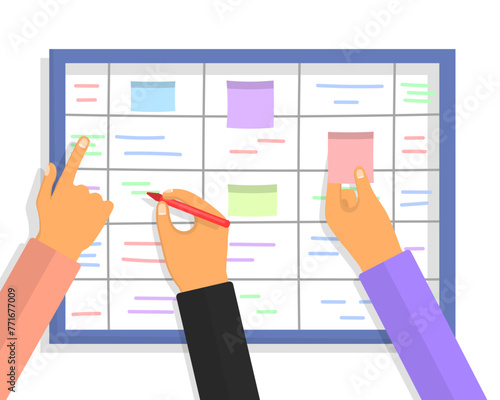 Team people hands sticking work business plan schedule and memo notes on chalkboard. Agile project plan. Scrum task board concept with human hands holding colorful sticky papers and markers. Vector.