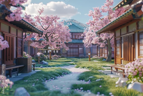 3D render clay style of A peaceful Japanese school yard surrounded by blooming cherry blossom trees , no contrast, clean sharp focus photo