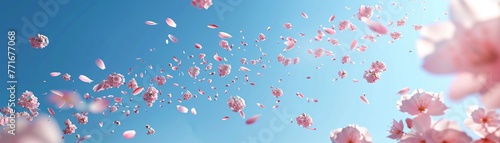 3D render clay style of A stunning visual representation of cherry blossom petals drifting through the serene blue sky   no contrast  clean sharp focus
