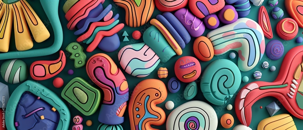 Create 3D render clay style of A colorful line doodle using various shapes and patterns , no contrast, clean sharp focus