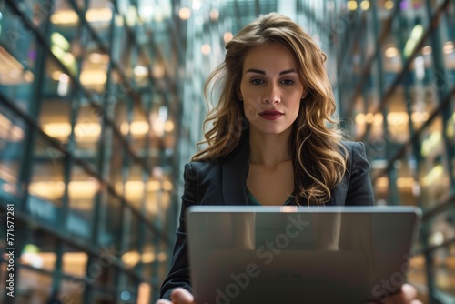 Businesswoman with laptop, inside office building in the background.