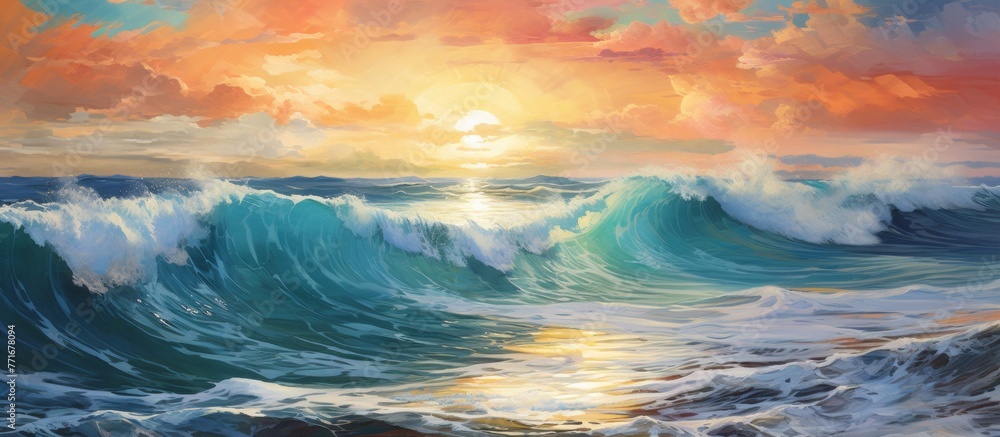 A stunning painting capturing the beauty of a sunset over the ocean, with waves crashing on the shore. The azure sky, fluffy clouds, and glistening water create a mesmerizing atmosphere