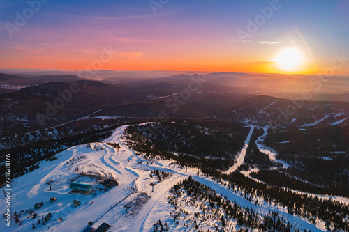 Winter Sheregesh Kemerovo region, Russia, panorama of Mount Zelenaya and Mustag Aerial top view