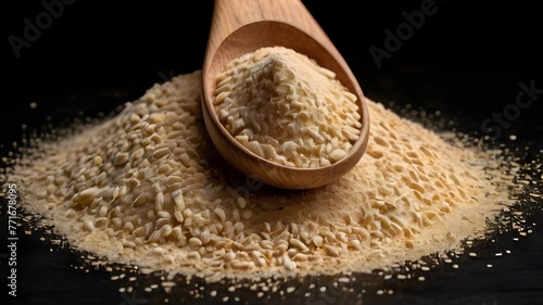 Active dry yeast granules pile with wooden spoon isola