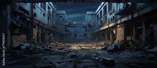 A dimly lit alley displaying scattered debris and trash strewn across the ground, creating a gloomy atmosphere