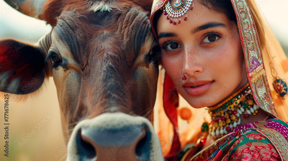 woman with an Indian cow. selective focus. - obrazy, fototapety, plakaty 