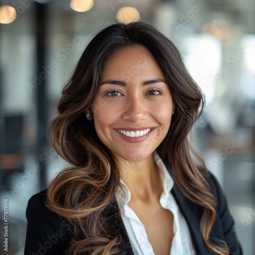 Smiling Hispanic businesswoman 30-40 years old, active business woman in front of her office