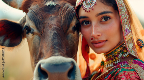 woman with an Indian cow. selective focus. photo