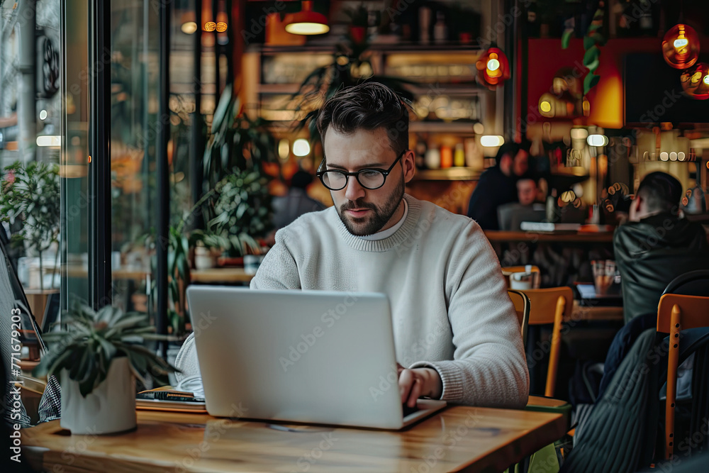 Focused Employee Working On A Laptop In A Cafe Focused Employee Working On A Laptop In A Cafe